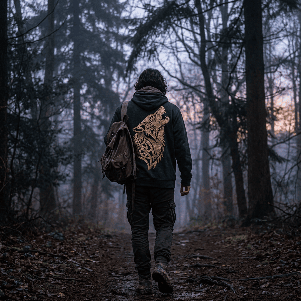 Person walking on a forest trail wearing dark hoodie with a stylized wolf design and carrying a backpack