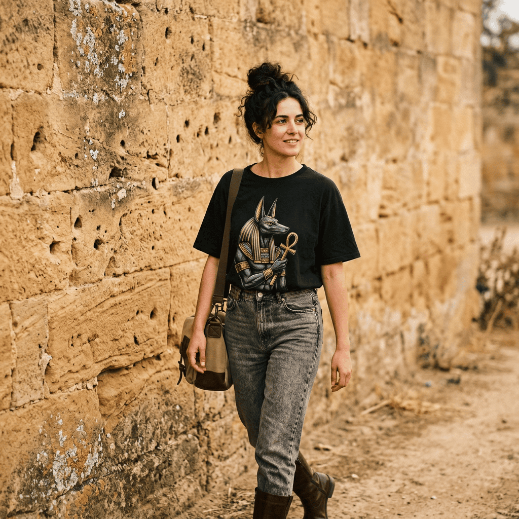Woman walking along an ancient stone wall wearing a black t-shirt with an Egyptian Anubis print, gray jeans, and boots
