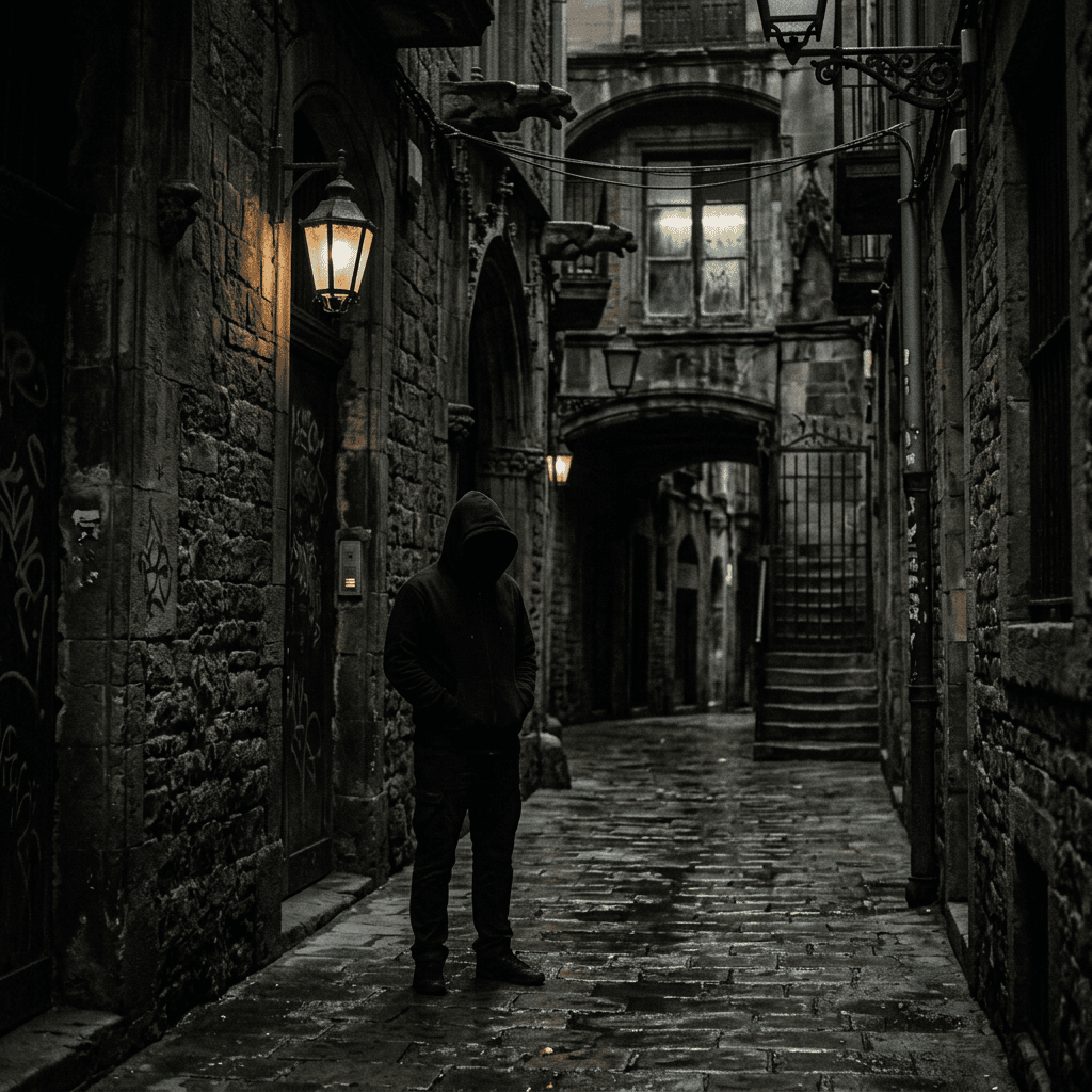 Person wearing a dark hoodie standing alone in a narrow, dimly lit stone alleyway