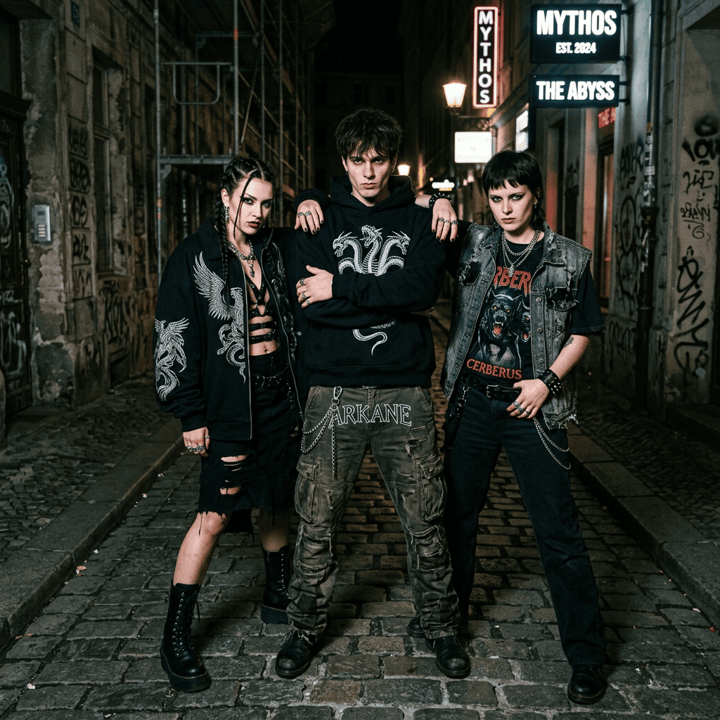 Three young adults in gothic street fashion standing confidently on a cobblestone street at night.