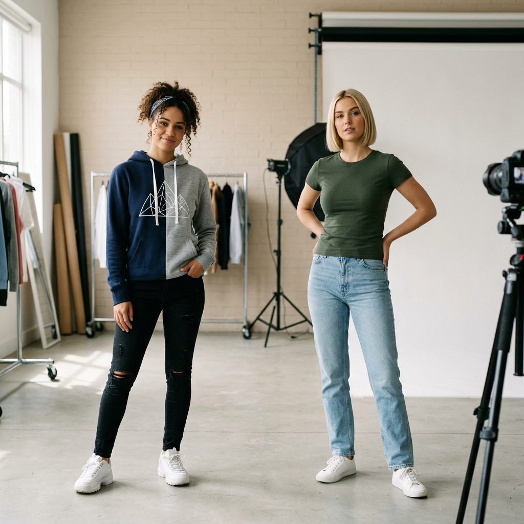 Two women standing in a studio with camera and lighting equipment preparing for a photoshoot