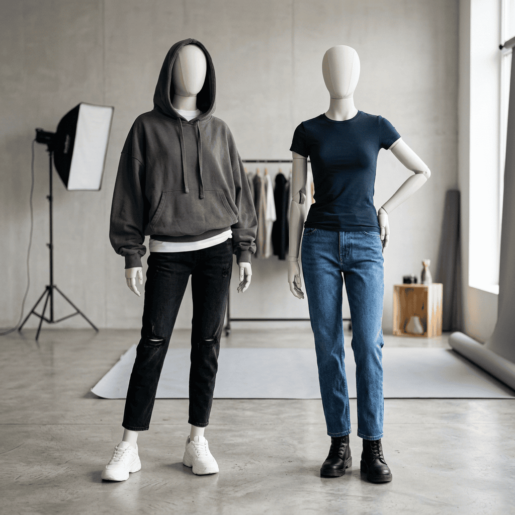 Two mannequins wearing casual clothing in a photo studio with lighting equipment