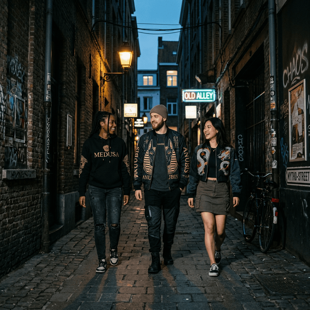 Three friends walking and smiling in a cobblestone alley with illuminated signs