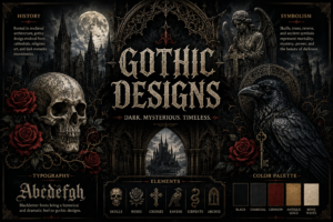 Gothic designs featuring medieval symbols, skulls, roses and dark ornamental artwork