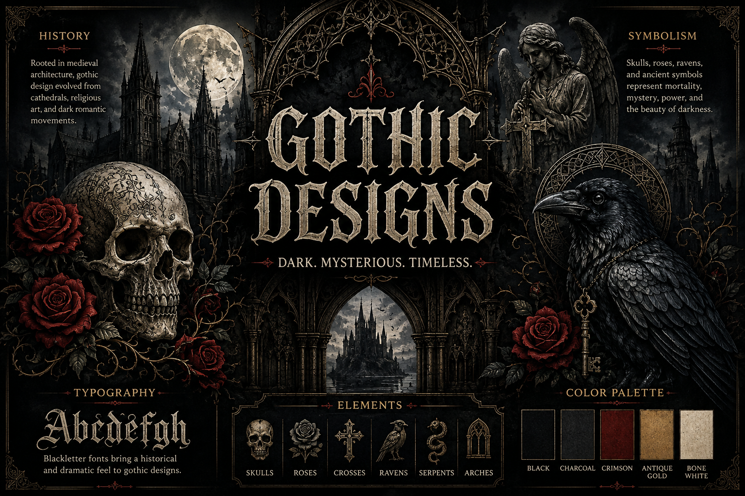 Gothic designs featuring medieval symbols, skulls, roses and dark ornamental artwork