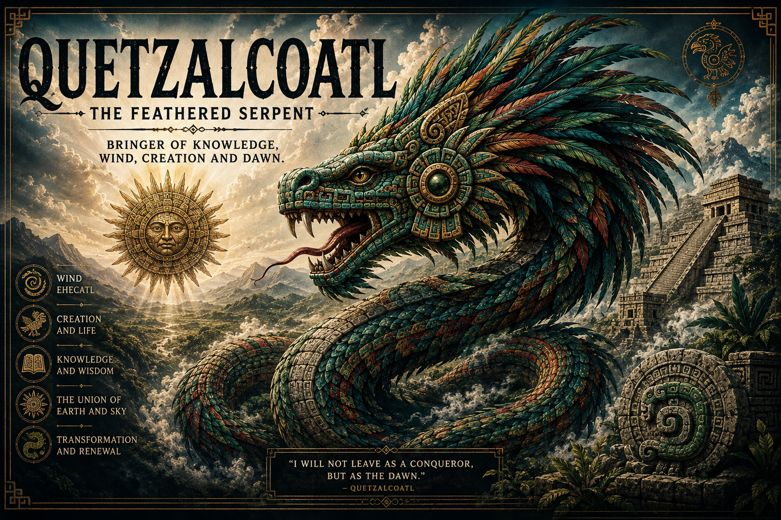 Quetzalcoatl Feathered Serpent representing Mesoamerican mythology transformation and knowledge