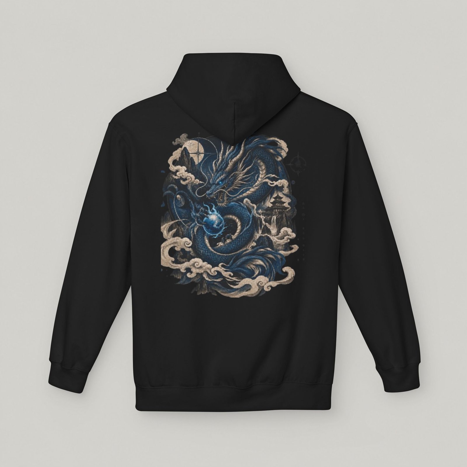 Blue Dragon Hoodie — Japanese Kanji Dragon Graphic Pullover